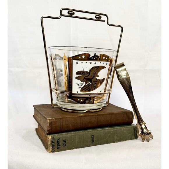 Vintage Glass Ice Bucket Gold Eagle pattern Gold holder and tongs - Picture 4 of 10